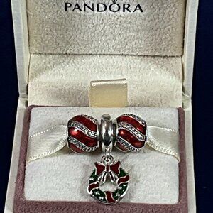 NWOT Pandora Sterling Silver Holiday Wreath Adornment Christmas Set 796362ENMX